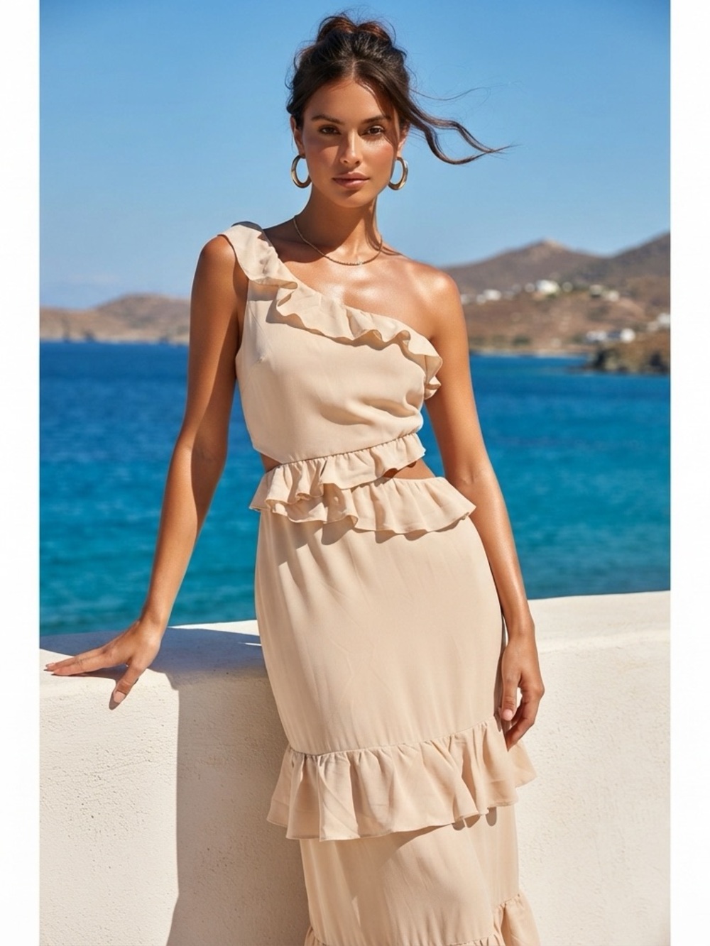 Wayf Pre Owned One-Shoulder Ruffle Cut out lined Maxi Dress in Beige